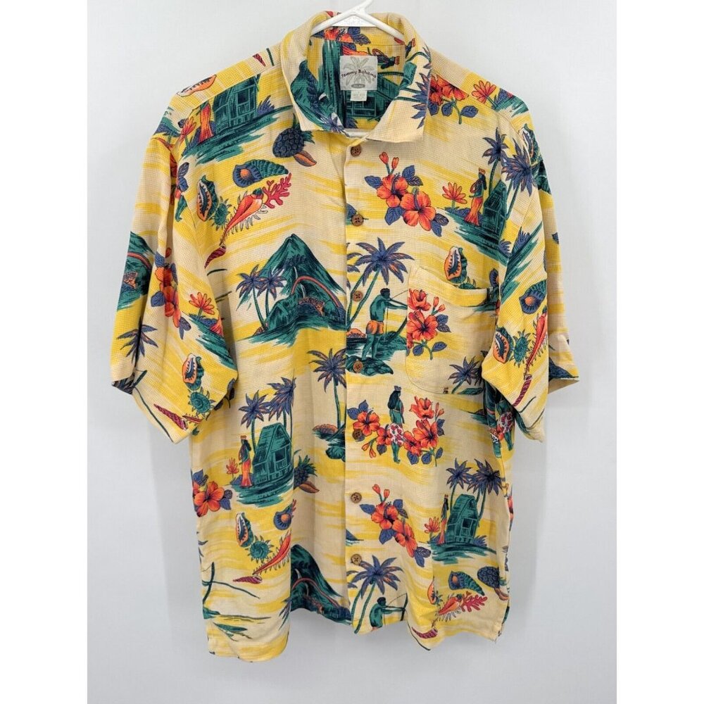 TOMMY BAHAMA Relax‎ Textured Silk Hula and Islands Hawaiian Shirt Mens Sz L